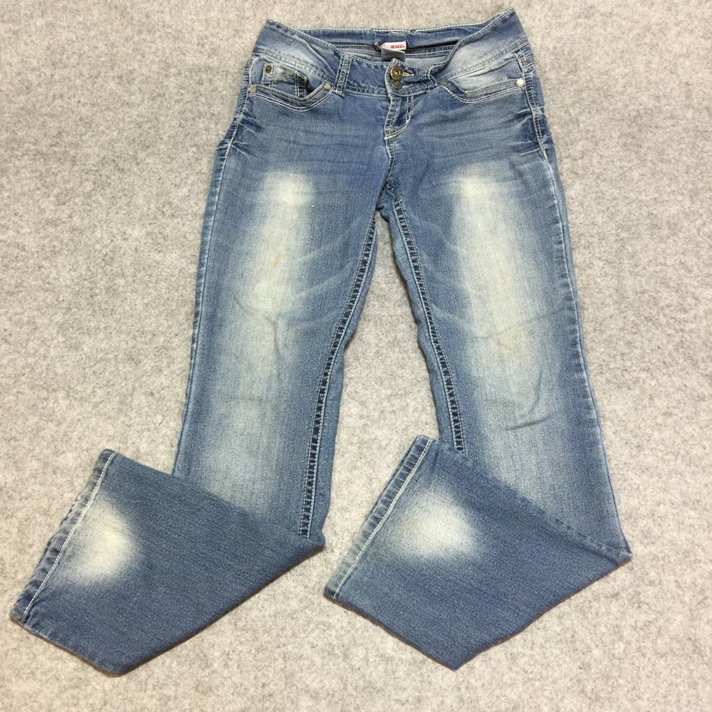 Bongo Womens Low Rise Flare Jeans Medium Wash Embellished Pocketsβ Size 5